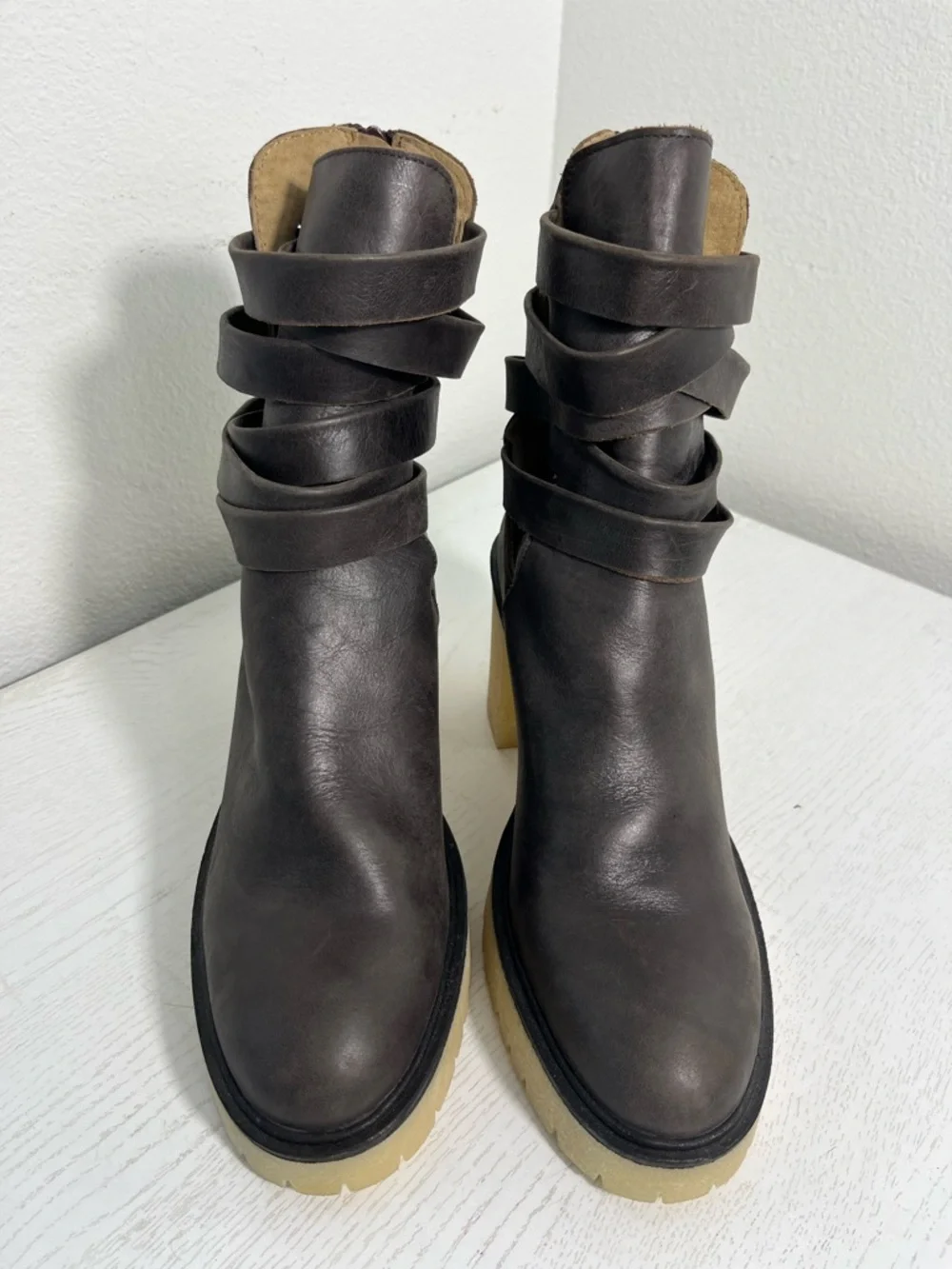 NEW Free People Jesse Cutout Leather Boots Bitter Brown Chunky Cream Heel 41/10